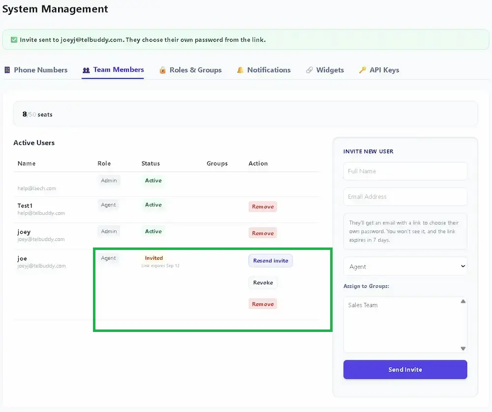 Team list showing invited and active members