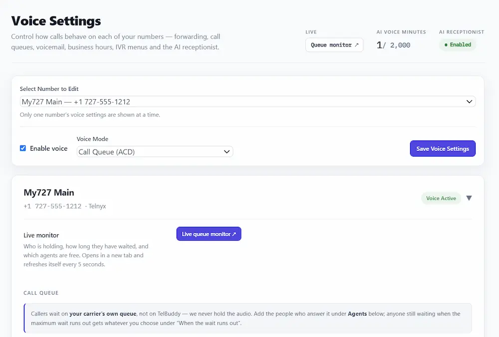 Answered By set to Call Queue in Voice Settings