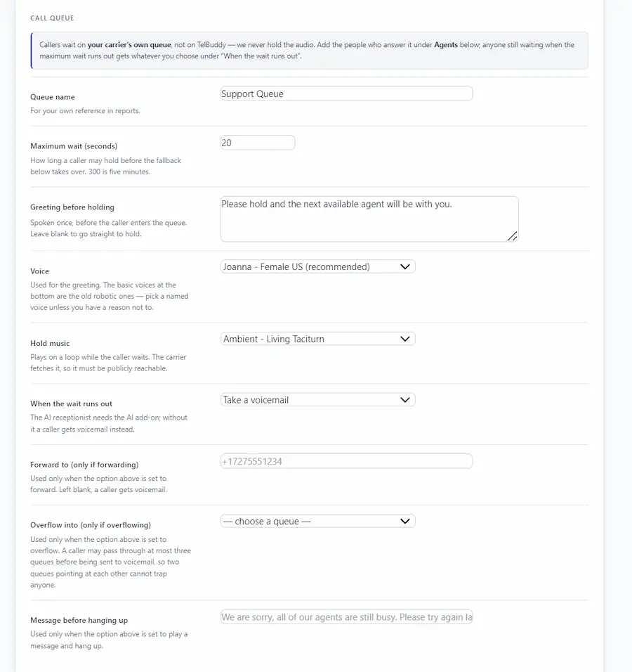 Call queue settings for greeting, hold music and maximum wait
