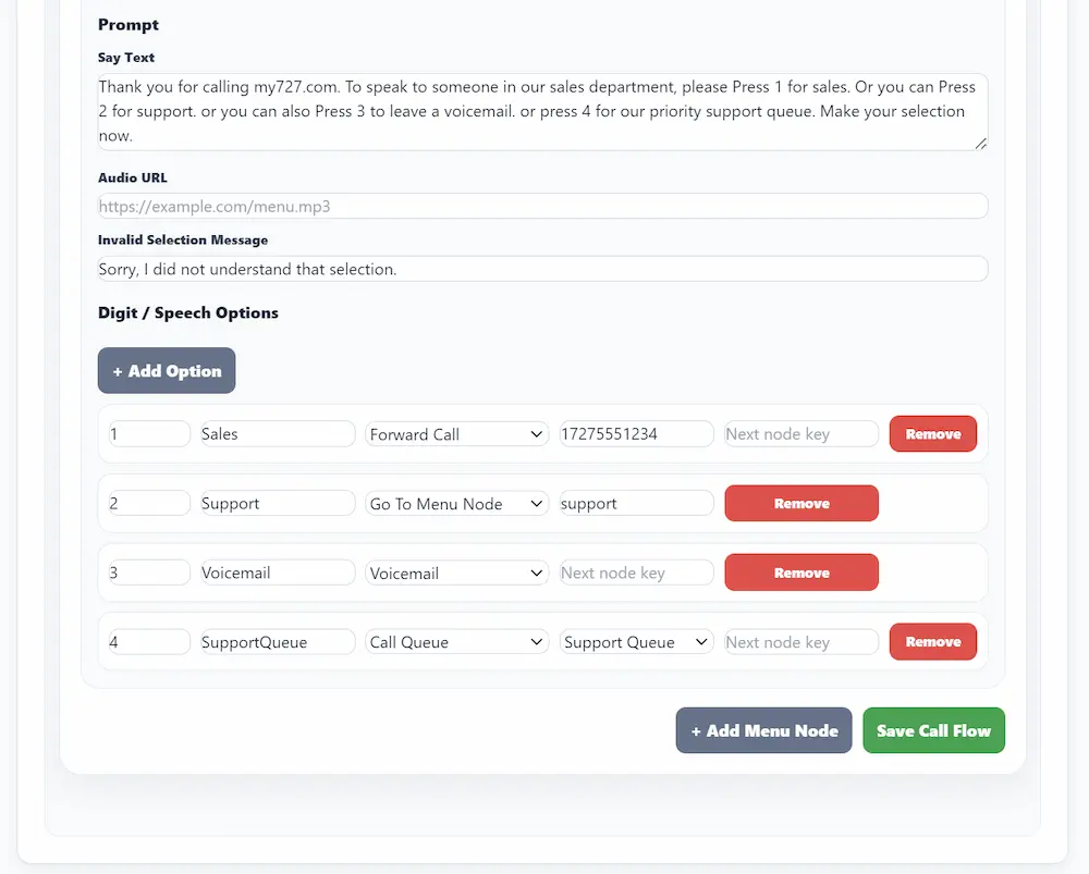 Setting a phone menu option to Call Queue in the call flow builder