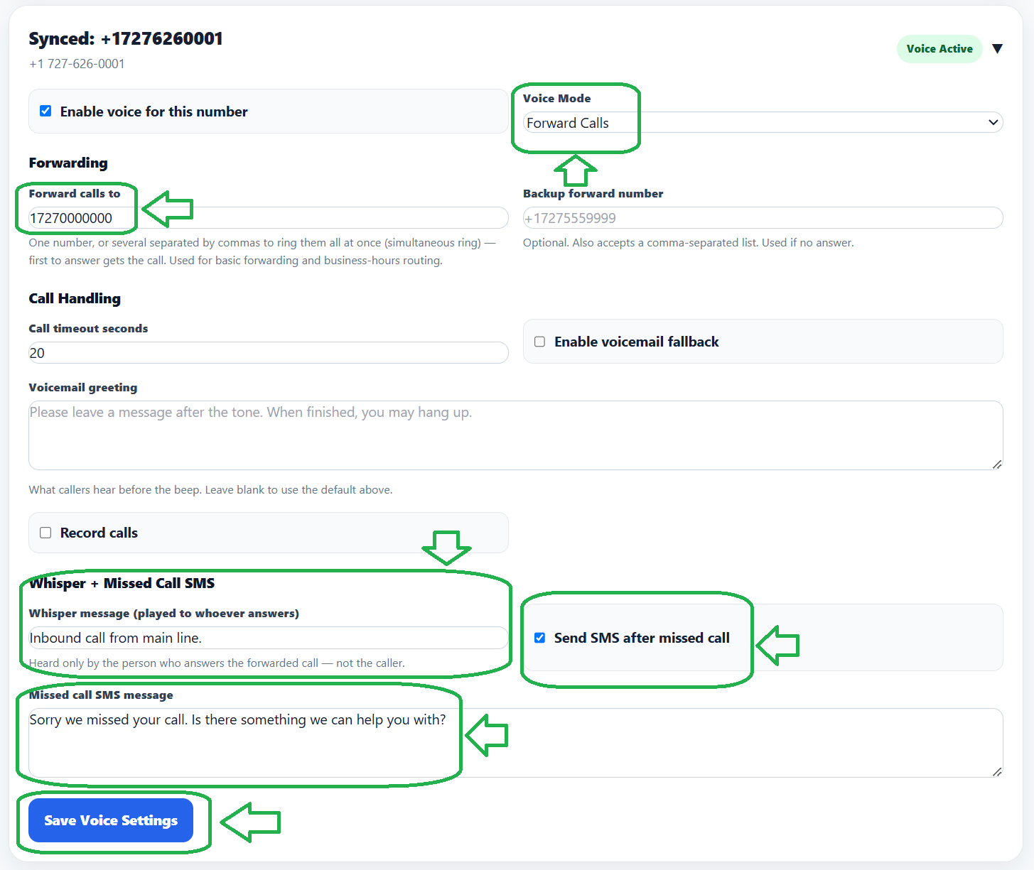 Select Call Forwarding, enter the numbers, and save