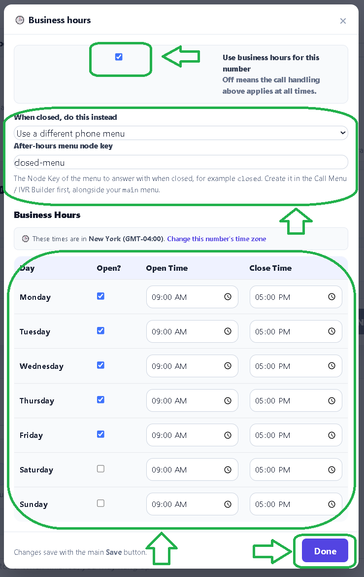 Setting the weekly hours and choosing the closed behavior
