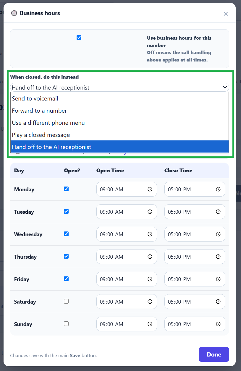 The five after-hours options in the business hours panel