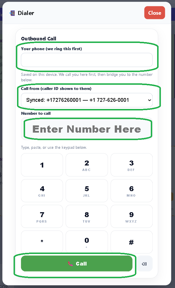 The dialer with your phone, caller ID number, and number to call