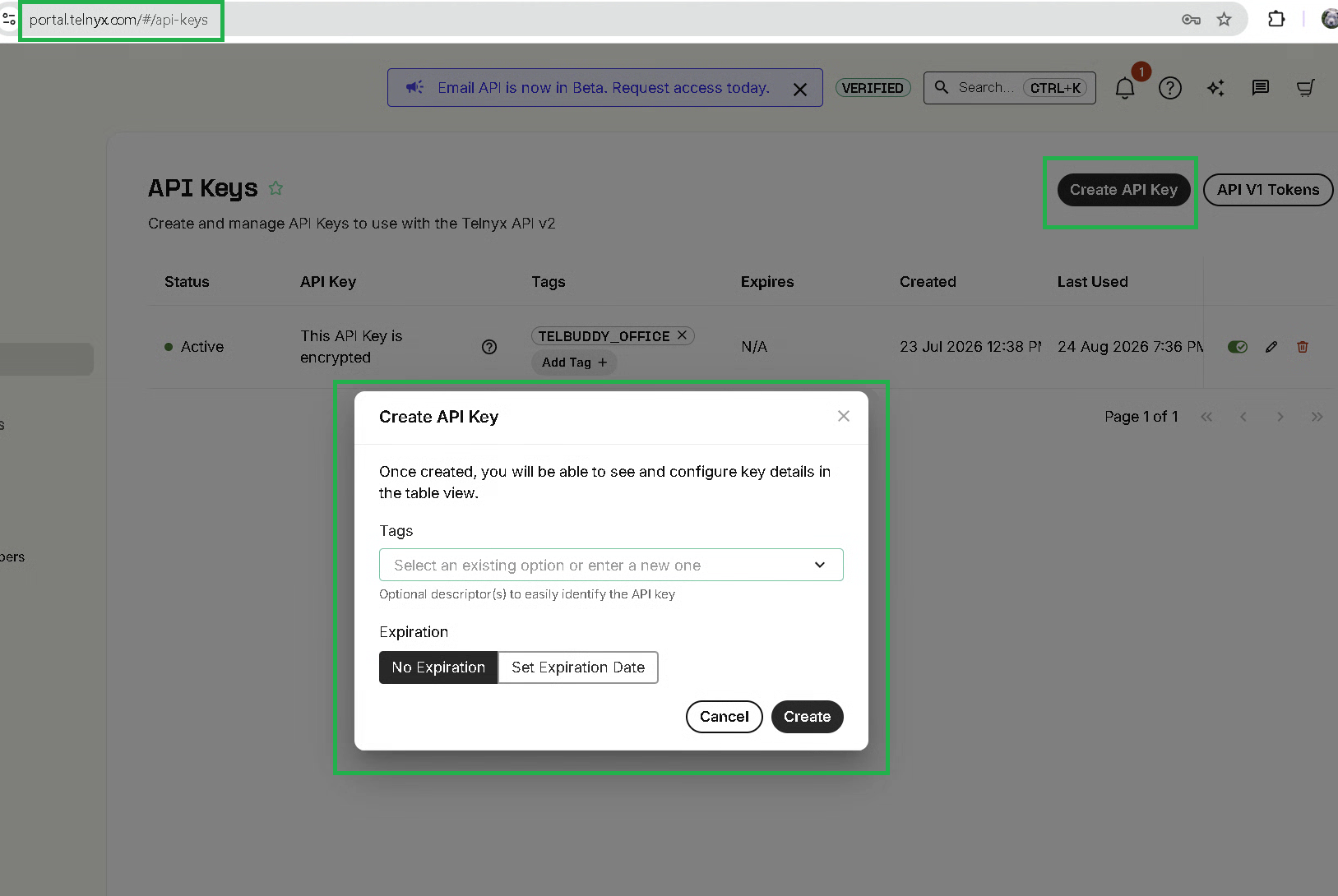Copying an API key from the Telnyx Mission Control Portal