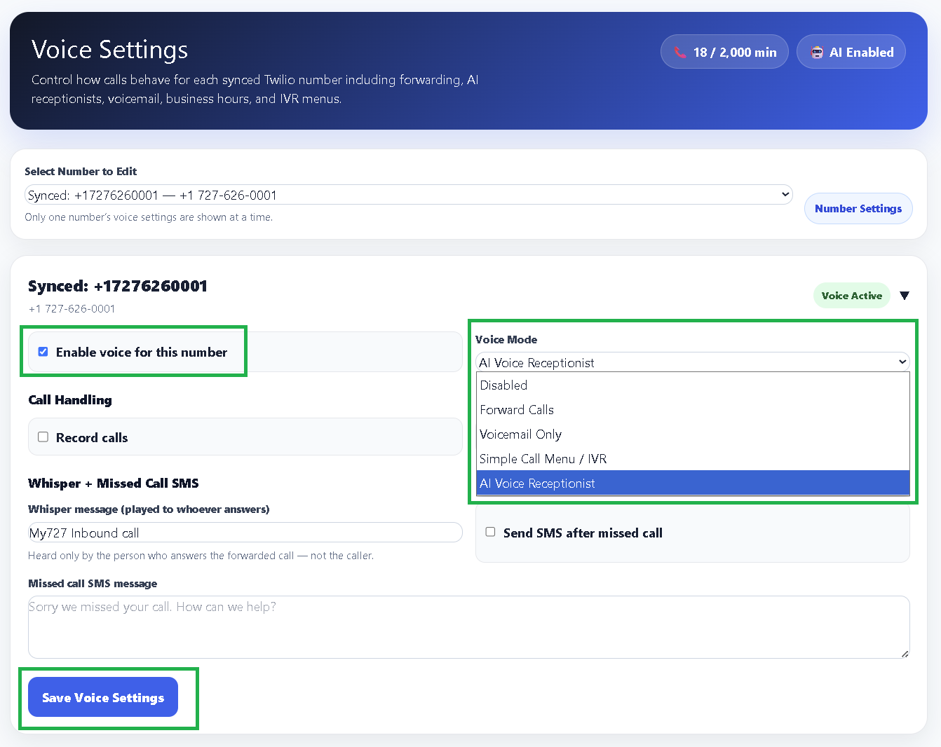 Setting Voice Mode to AI Voice Receptionist