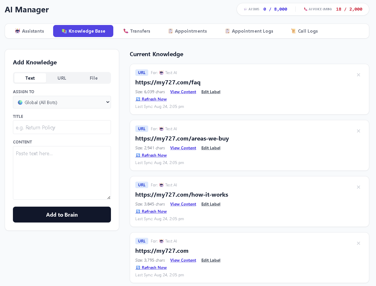 The Knowledge Base tab in AI Console