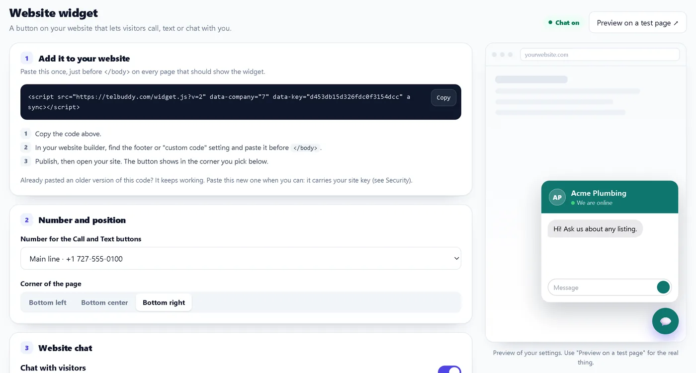 TelBuddy Widgets page: the install code with a Copy button, number and corner settings, and a live preview of the widget