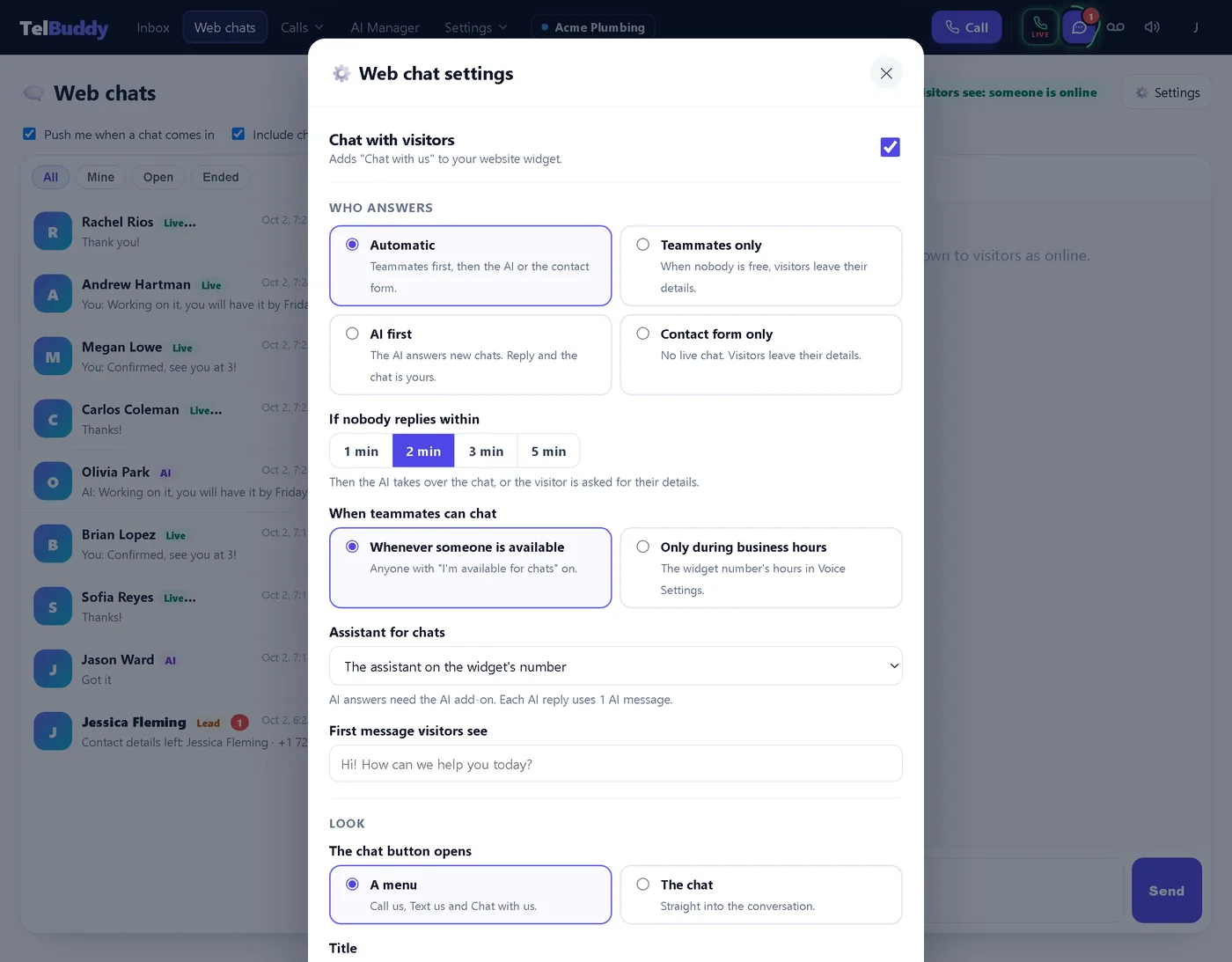 The Web chat settings pop-up open over the Web chats page: chat on or off, who answers, the wait, chat hours, the assistant and the first message