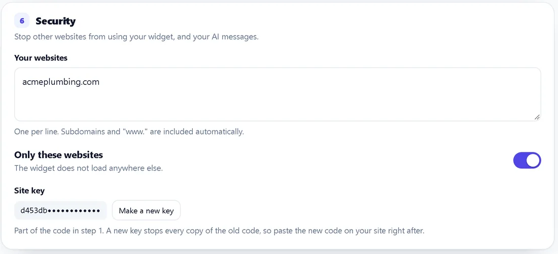 The Security section of the Widgets page