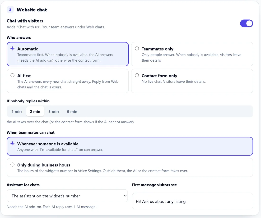 TelBuddy Website chat settings: Who answers with Automatic, Teammates only, AI first and Contact form only, the wait before the AI takes over, chat hours, assistant and greeting