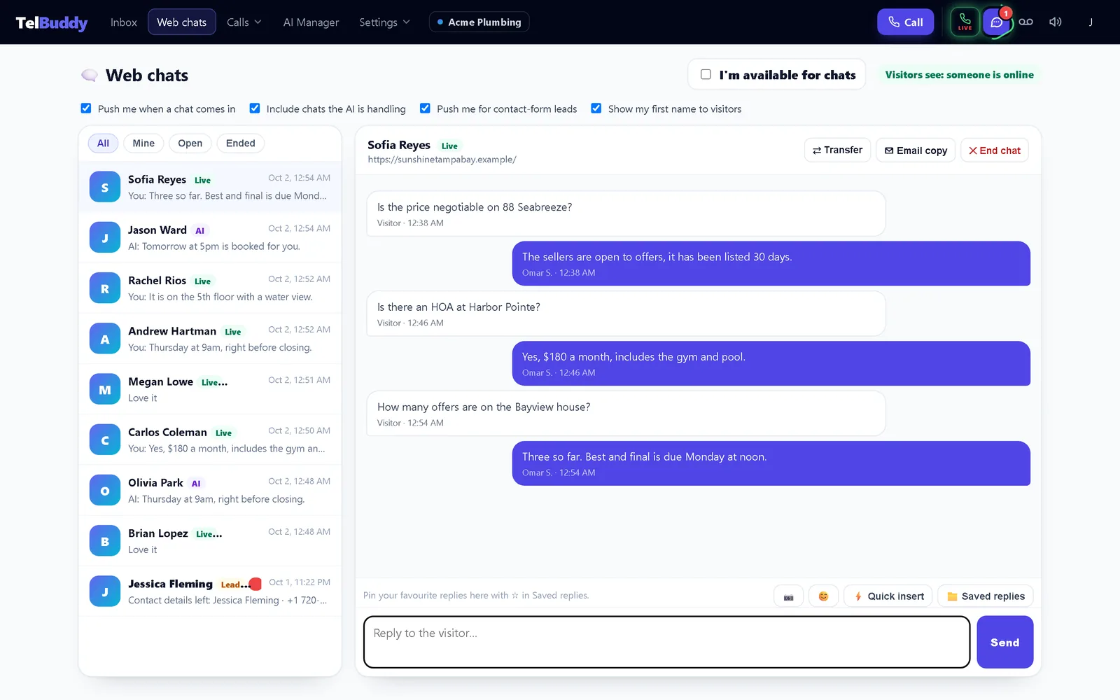 The TelBuddy Web chats page: a list of website chats with Live and AI tags, and an open conversation with Transfer, Email copy and End chat buttons