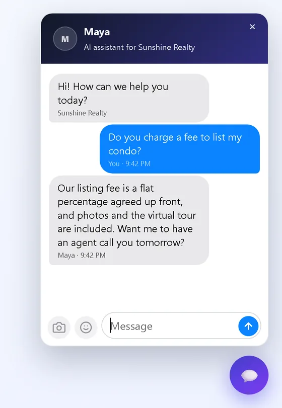The TelBuddy chat answered by an AI assistant named Maya, replying about listing fees