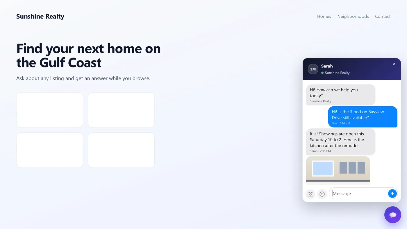 A real estate website with the TelBuddy chat open: the visitor asks about a listing and Sarah from the team replies with a photo of the kitchen