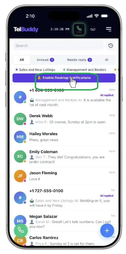 Enable notifications on TelBuddy webapp