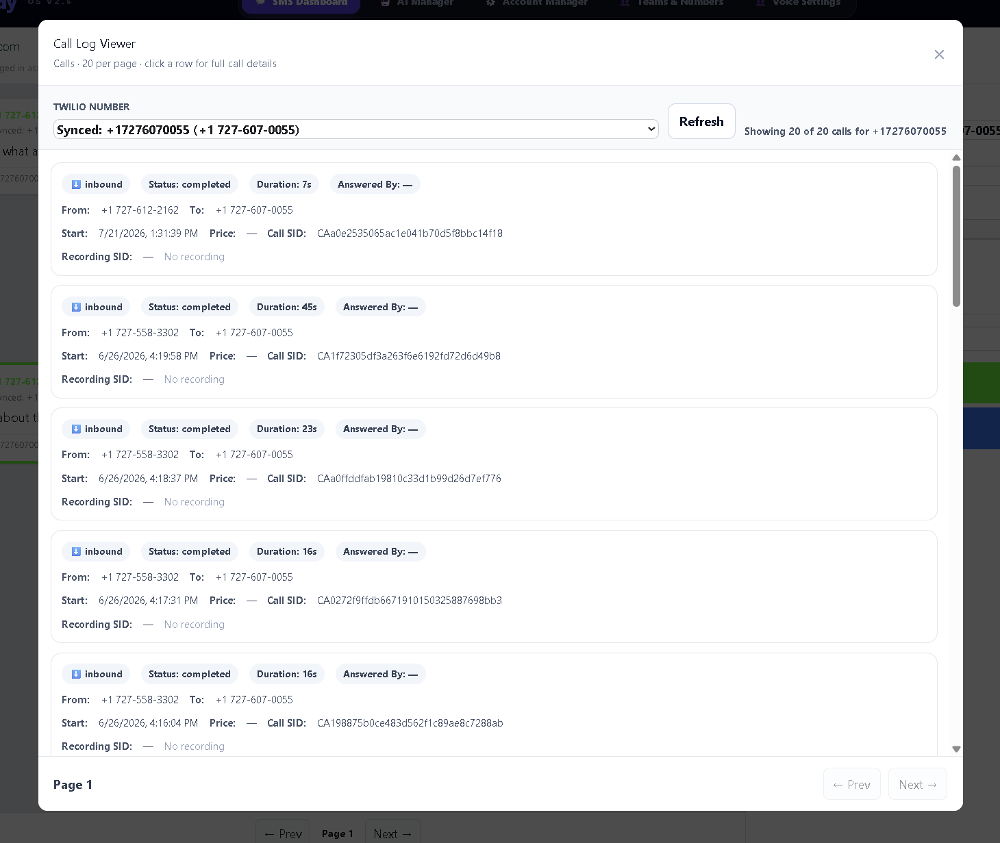 Call log viewer showing recent inbound and outbound calls