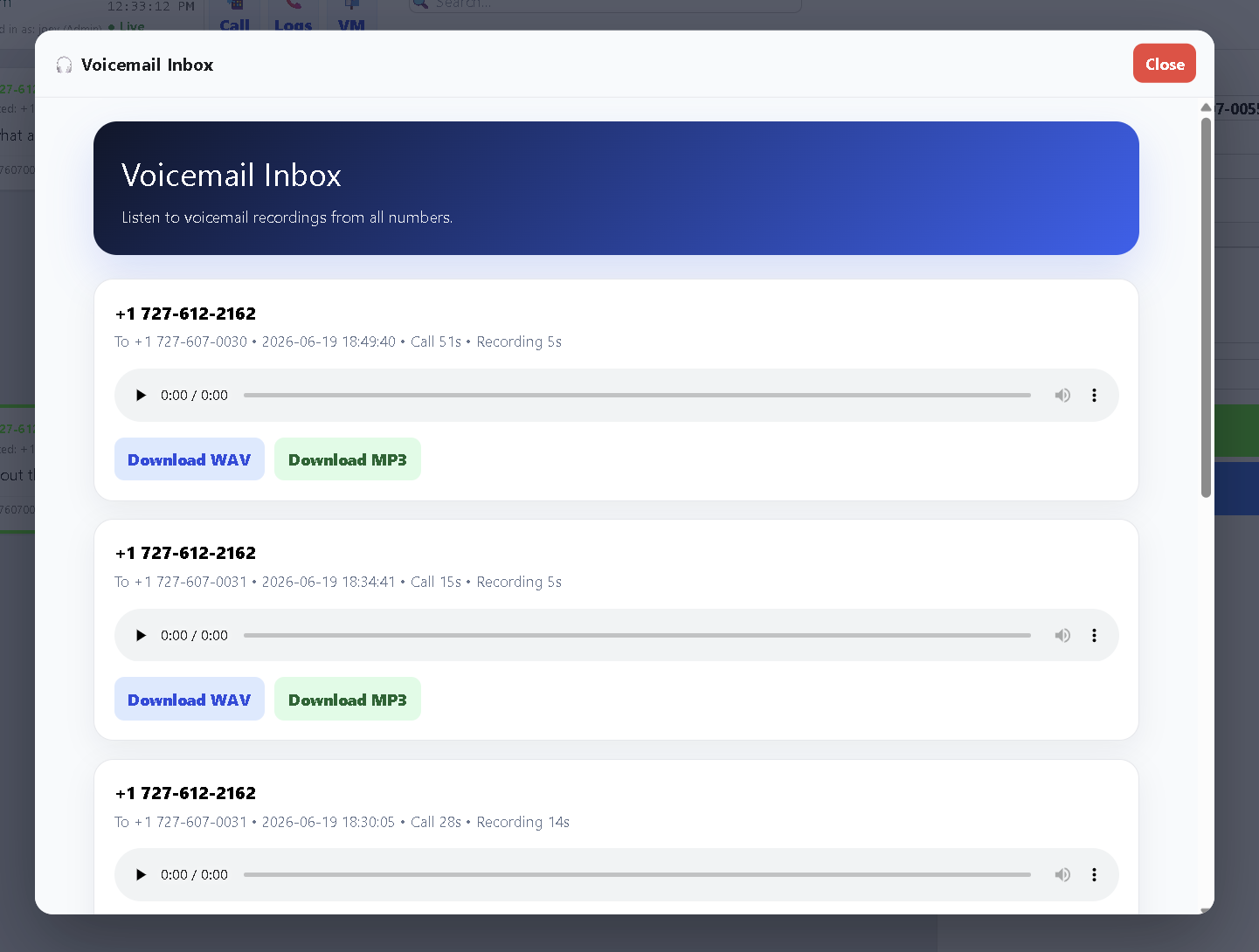 Voicemail inbox with playable recordings