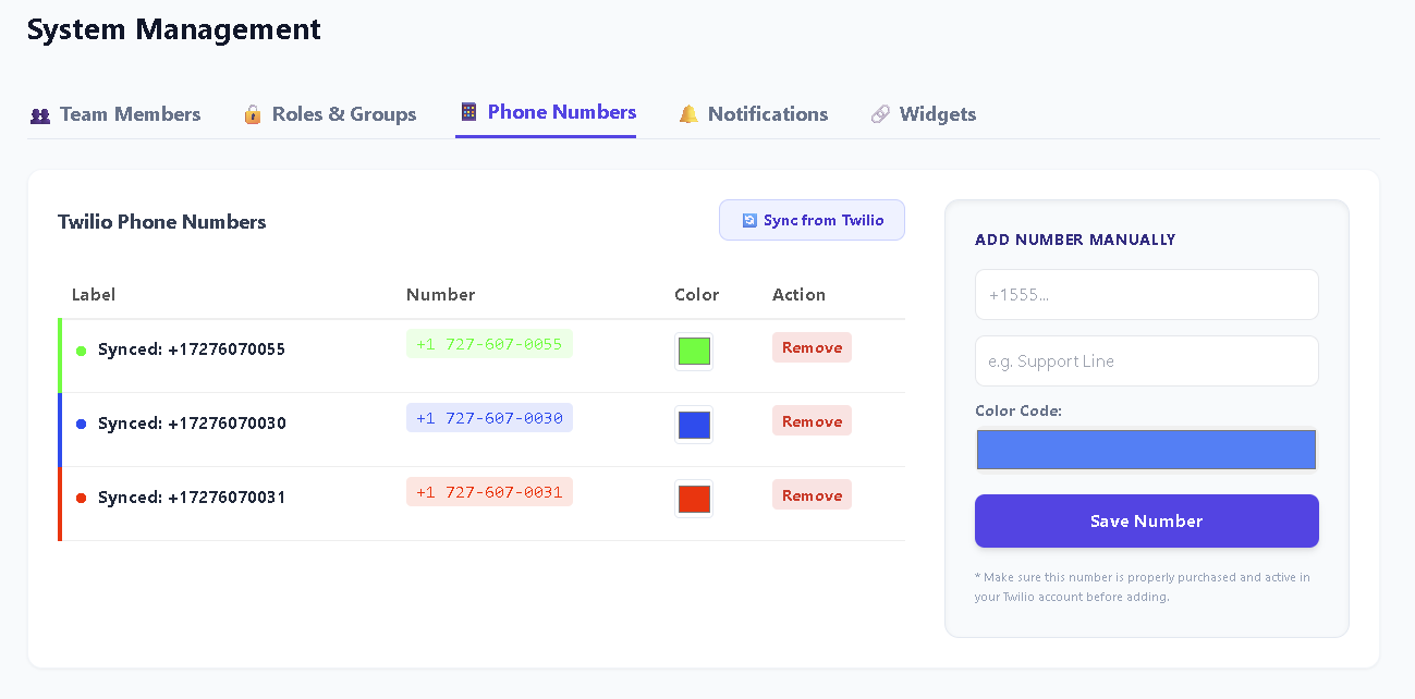 Real TelBuddy synced Twilio phone numbers table