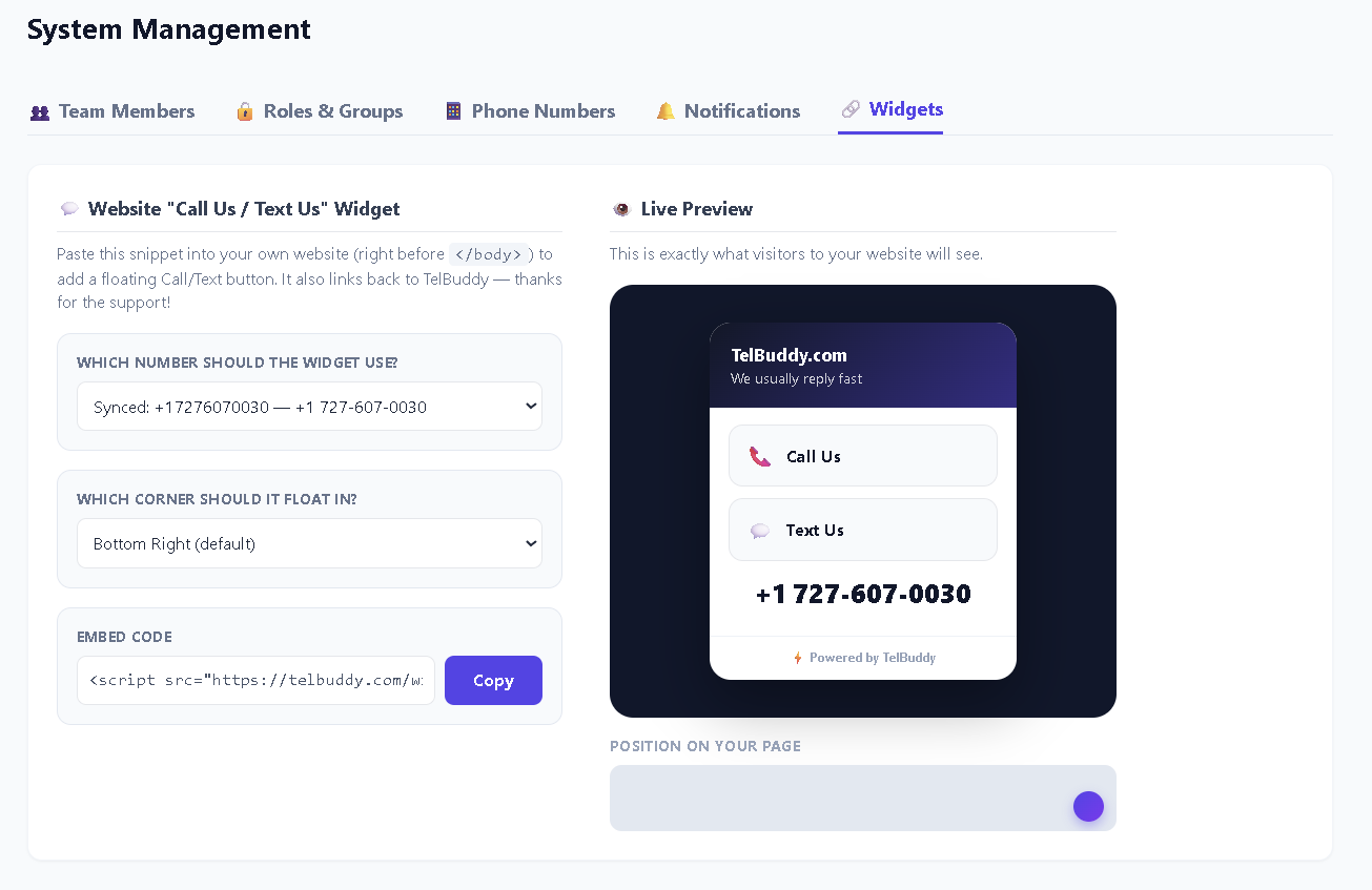 Real TelBuddy website widget picker and live preview