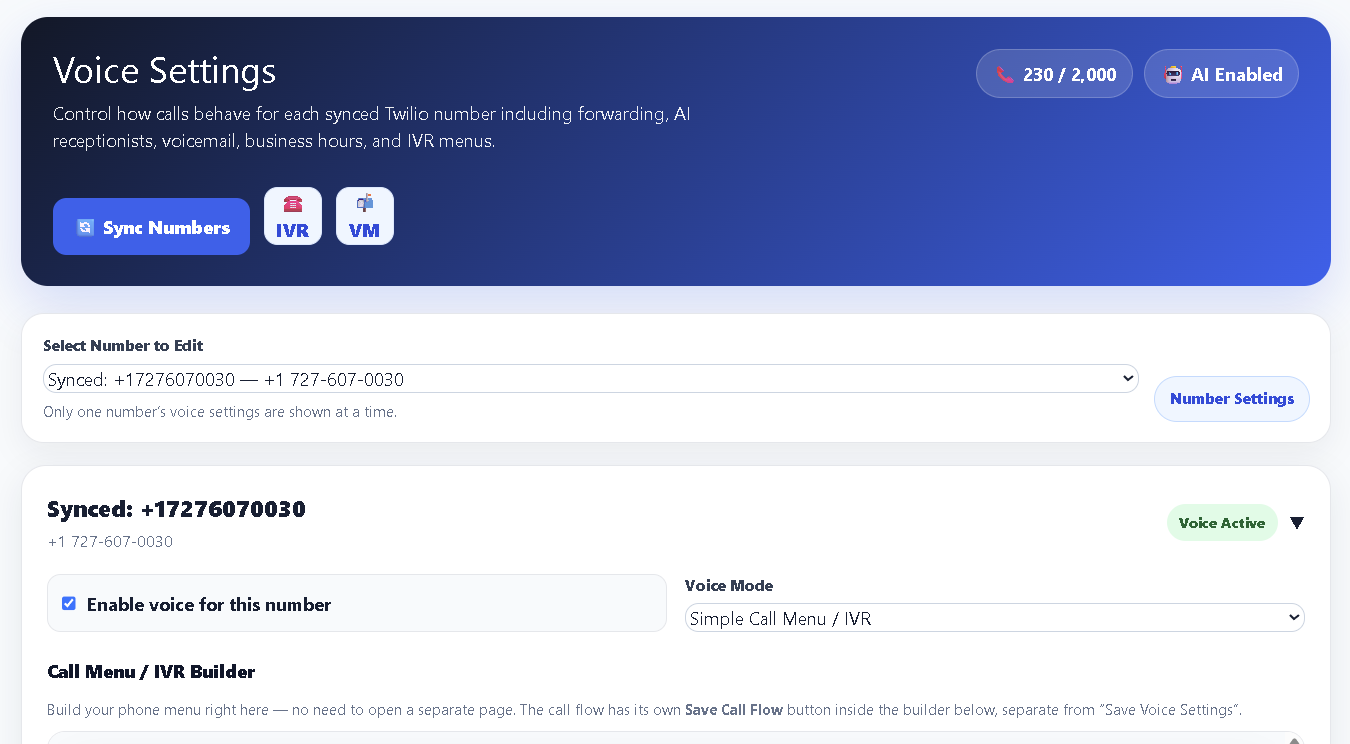 Voice Settings overview with usage stats