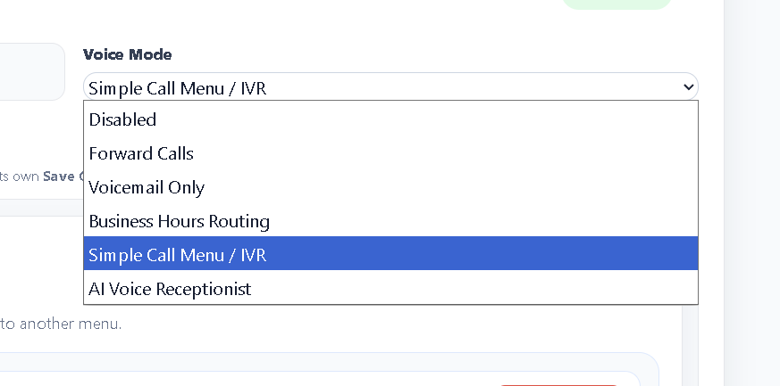 Voice mode selector dropdown