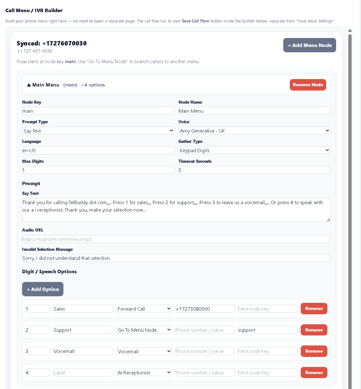 Real TelBuddy visual IVR phone menu builder