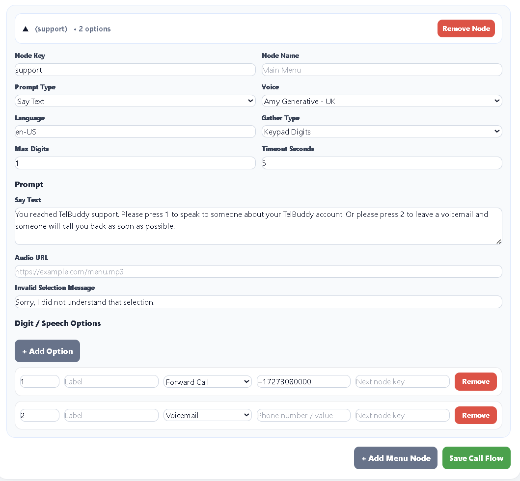 Adding a new IVR menu node
