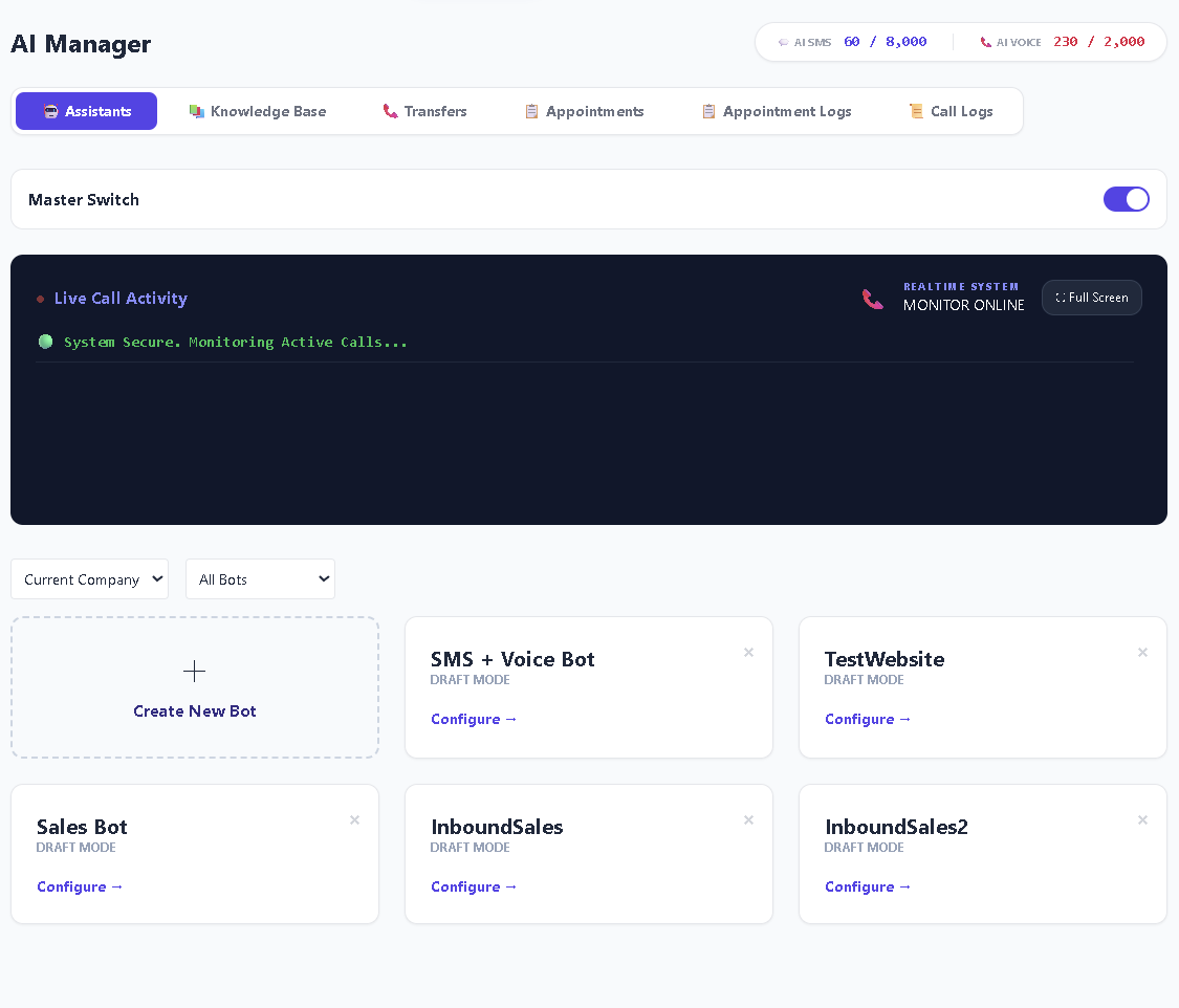 AI Manager assistants tab with bot cards