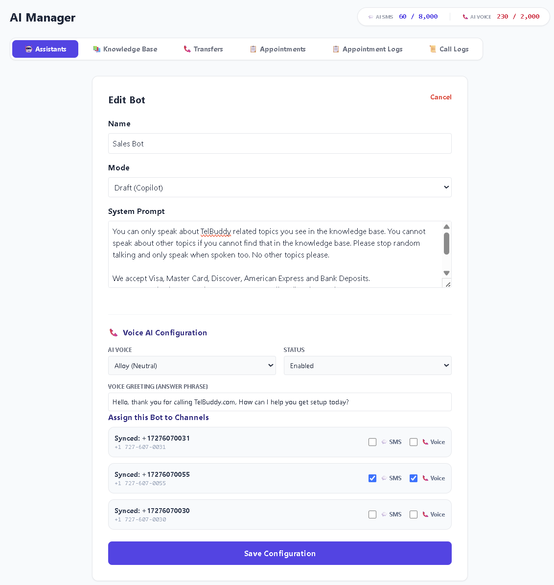 Real TelBuddy AI bot configuration screen