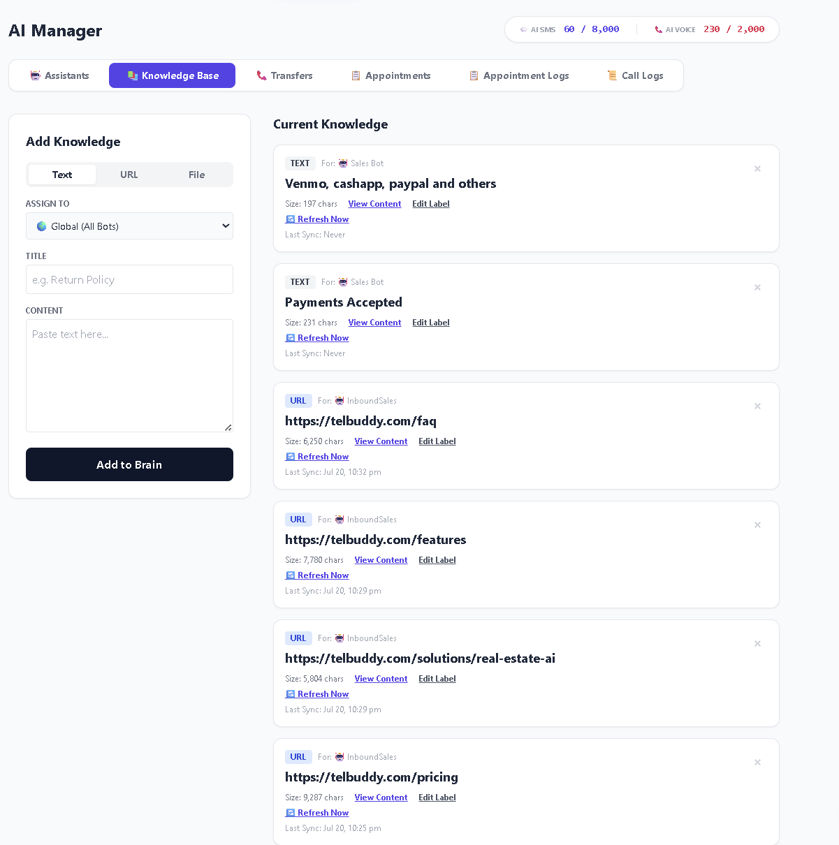 AI knowledge base with text and URL sources