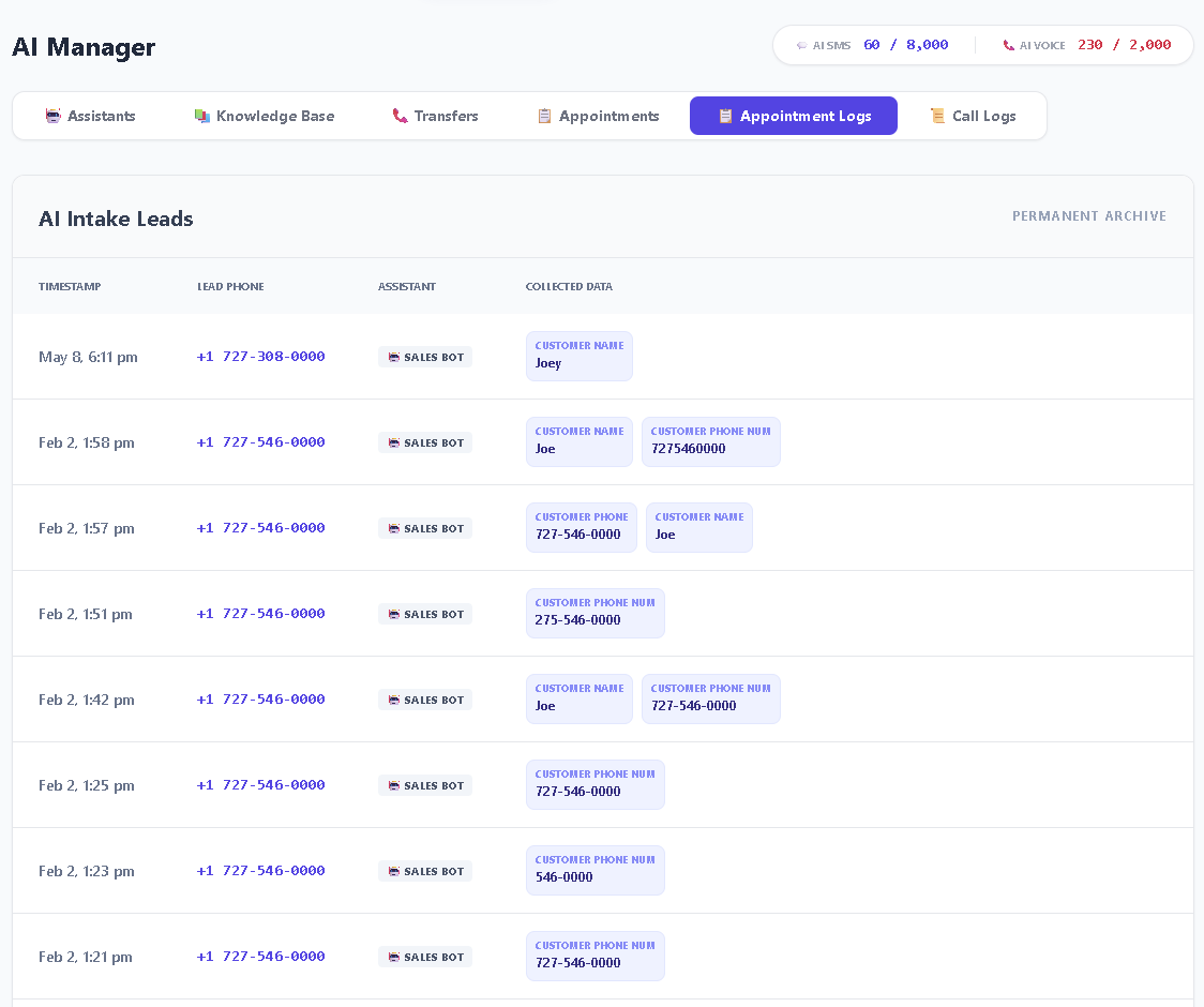 Appointment logs list
