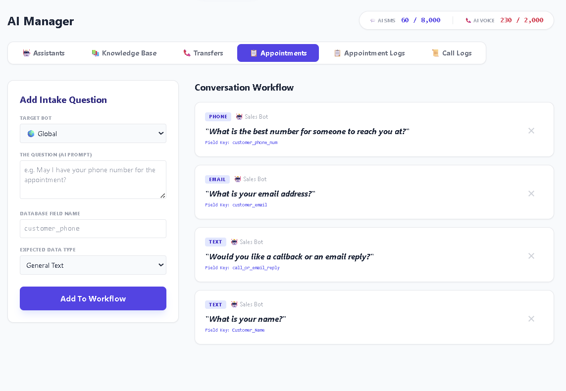 AI appointment intake configuration