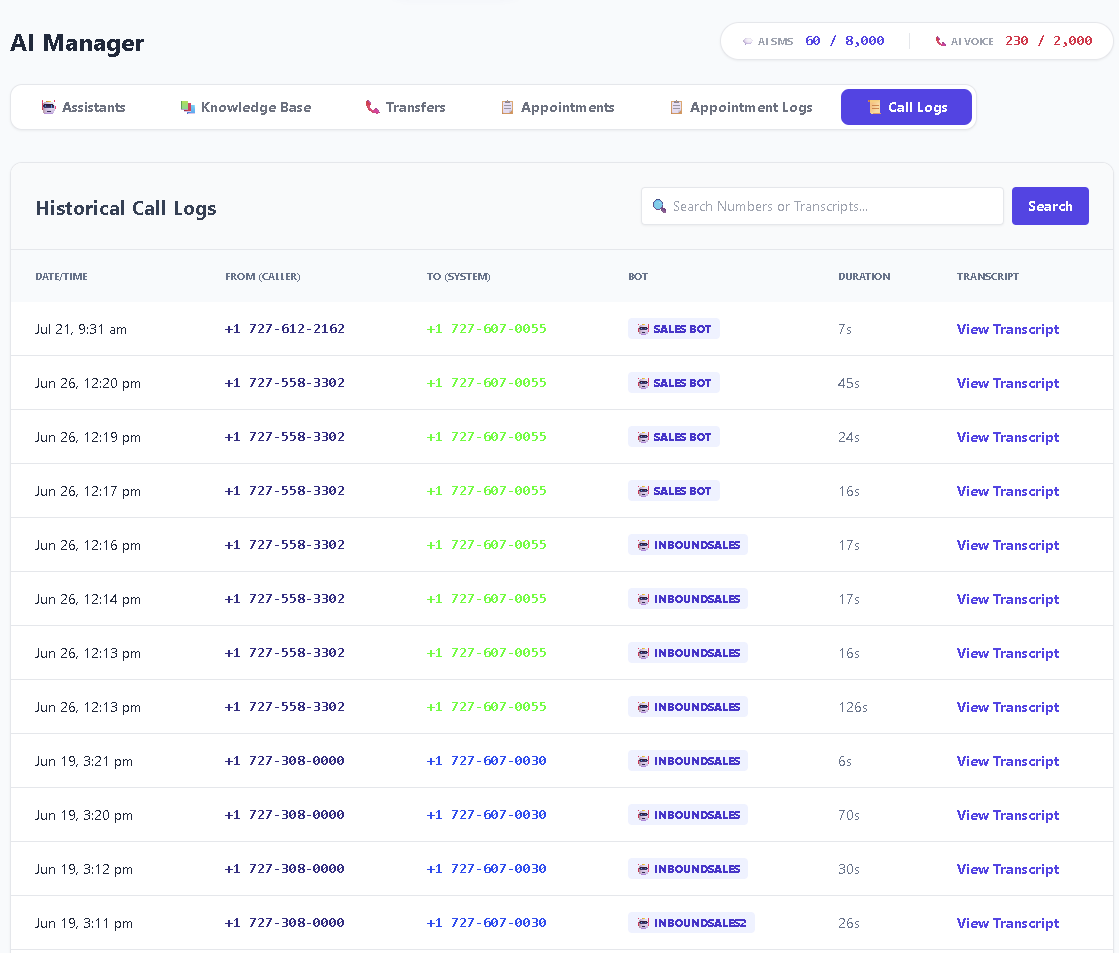 AI-handled call logs