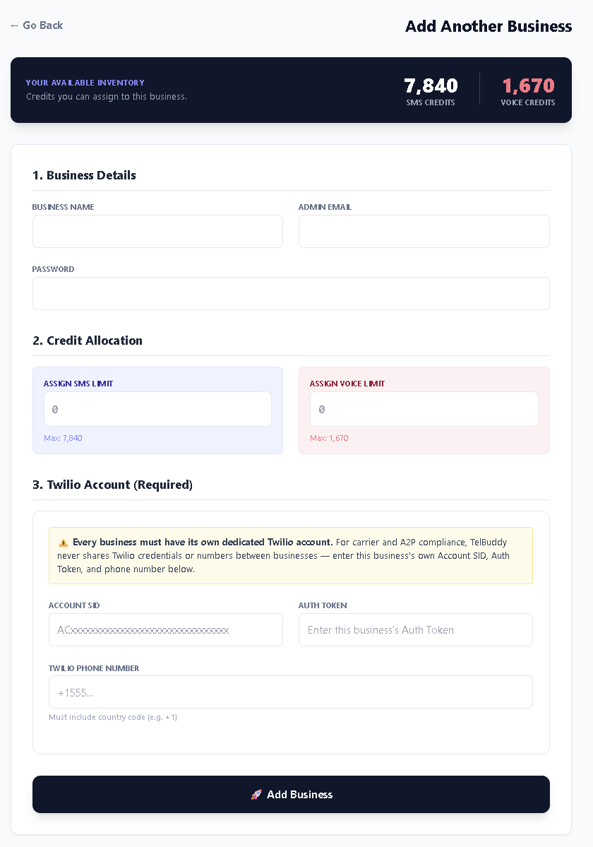 Form for adding another business with its own Twilio account