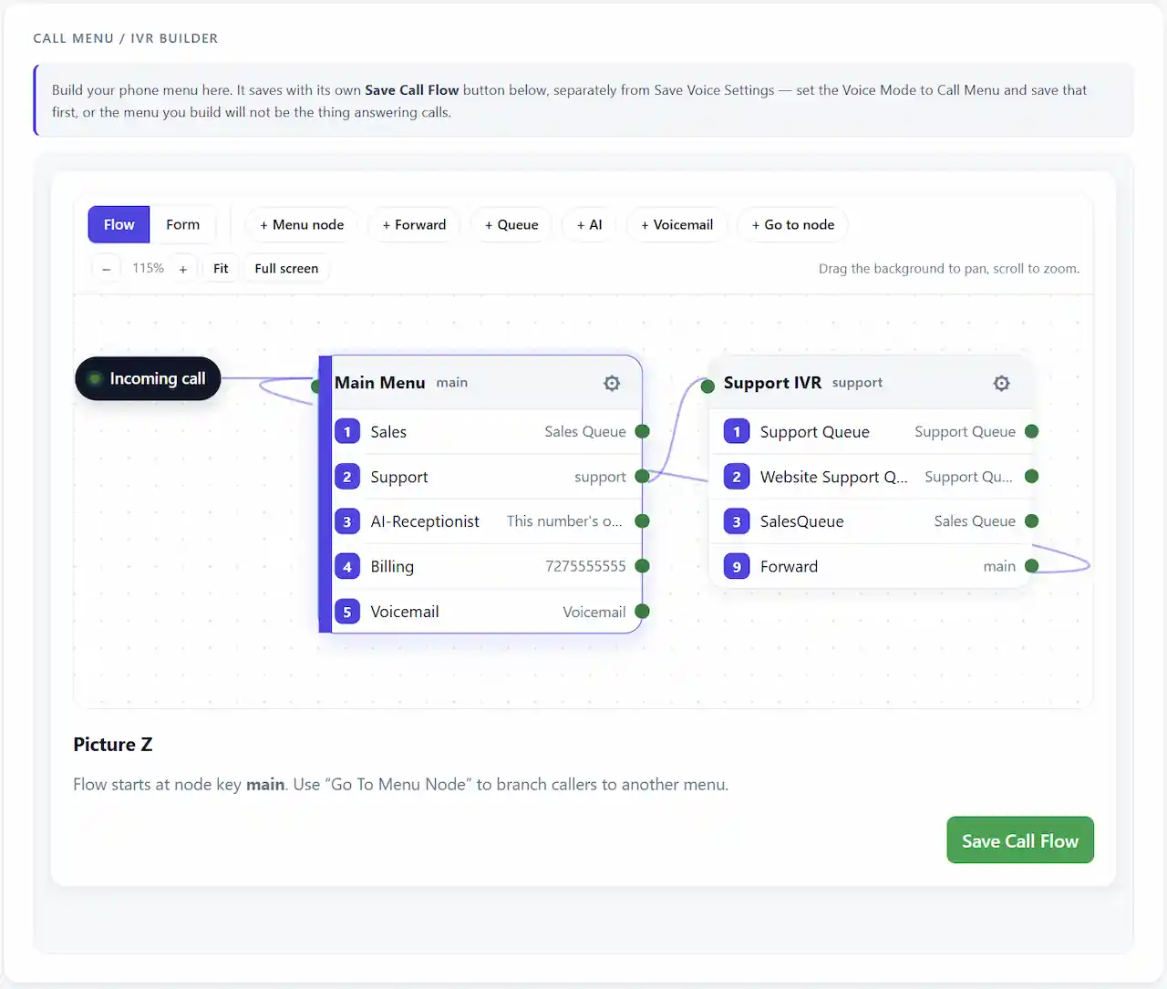 TelBuddy IVR builder: form editor and drag-and-drop flow map