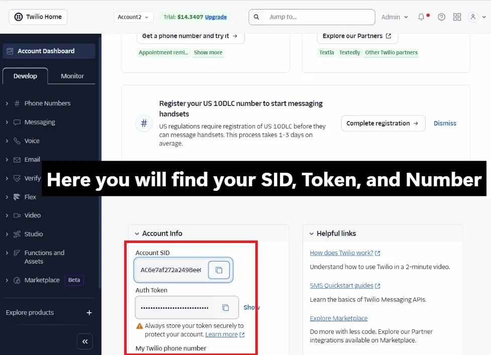 Where to find Twilio Account SID and Auth Token in the Twilio Console