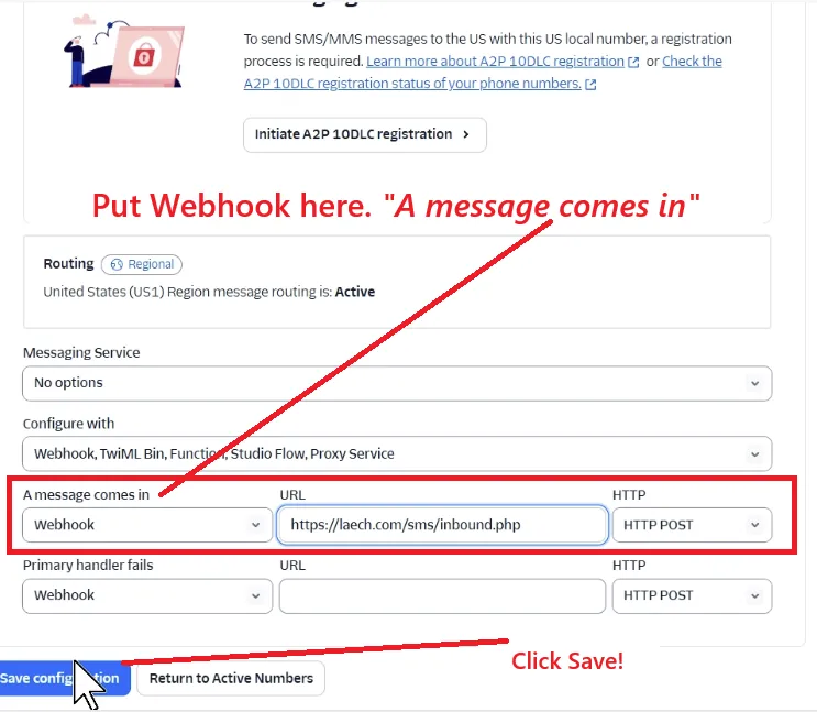 Twilio webhook configuration example for inbound SMS and voice routing